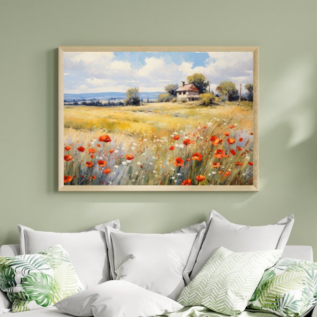 Poster Flores silvestres em campo rural Casa de campo rús (Orange White Wildflowers Country Rustic Landscape Farmhouse Wall Art Watercolor Print)