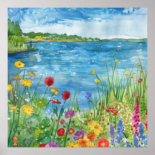 Poster Flores silvestres junto a um lago (Frente)