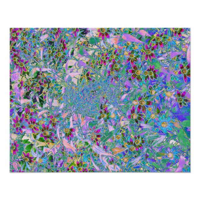 Póster Flores Silvestres Retro Roxas, Verdes e Azuis sobr (Frente)