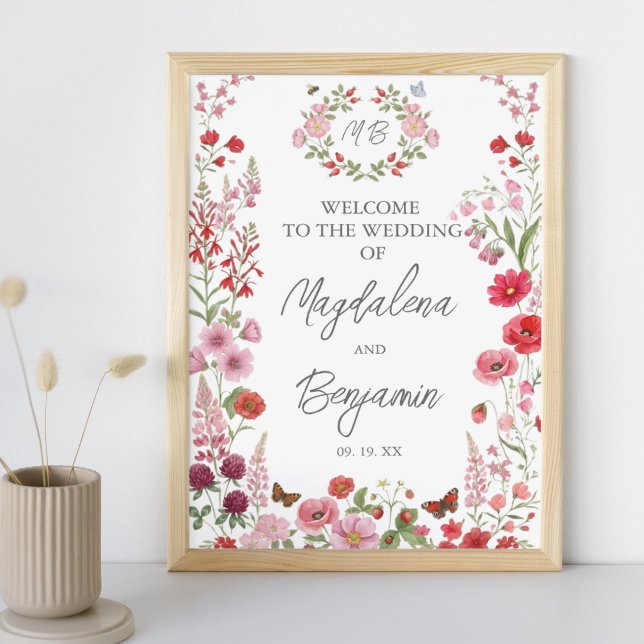 Poster Flores Silvestres Rosa e Vermelho Bagas Casamento  (Criador carregado)