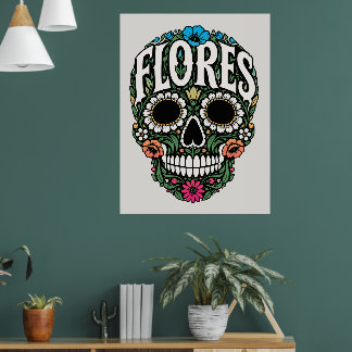 Poster flores sobrenome crânio de açúcar