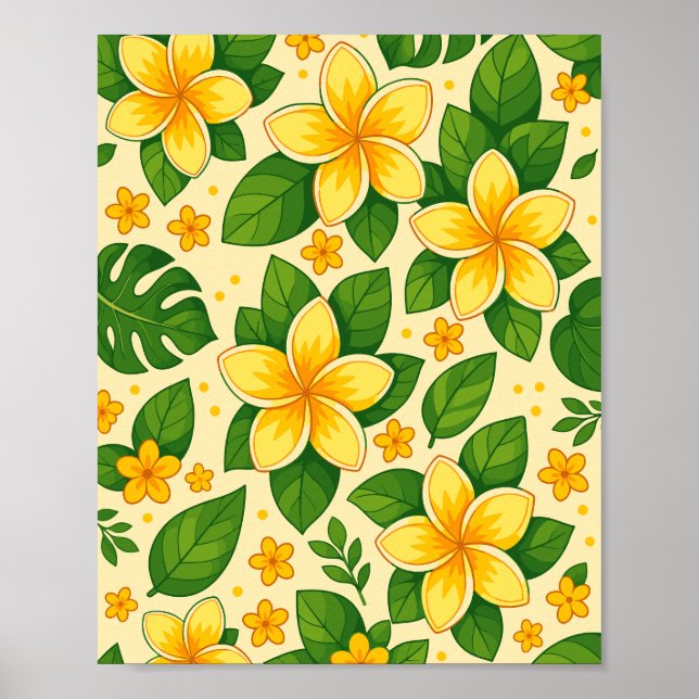 Poster Flores Tropicais Amarelas com Folhas Verdes Luxuri (Frente)
