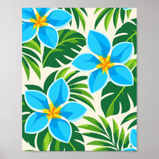 Poster Flores Tropicais Azuis e Padrão de Folhagem Verde