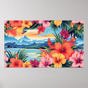 Poster Flores Tropicais Coloridas e Paisagem