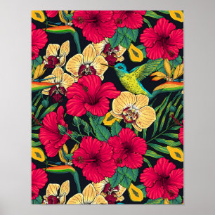 Poster Flores Tropicais e Beija-flor - Botanica de Verão
