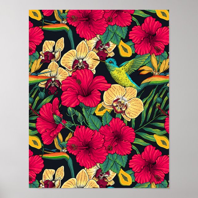 Poster Flores Tropicais e Beija-flor - Botanica de Verão (Frente)