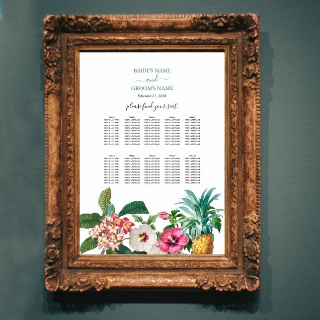 Poster Flores tropicais e Gráfico de Casamentos de Casame (Tropical Flowers & Greenery Wedding Seating Chart)