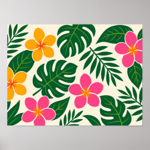 Poster Flores Tropicais Laranja e Rosa com Folhas Verdes