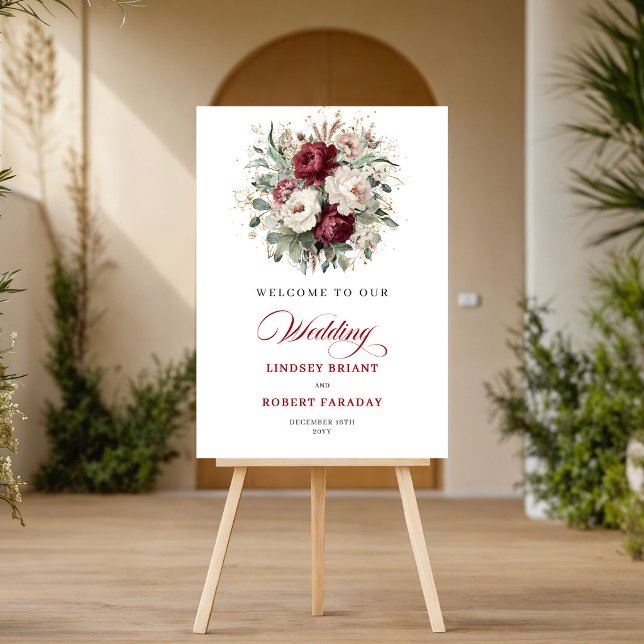 Poster Flores Verde Musgo Marrom Rústico Dourado Boas Vin (Rustic Maroon Flowers Greenery Gold Wedding Welcome)