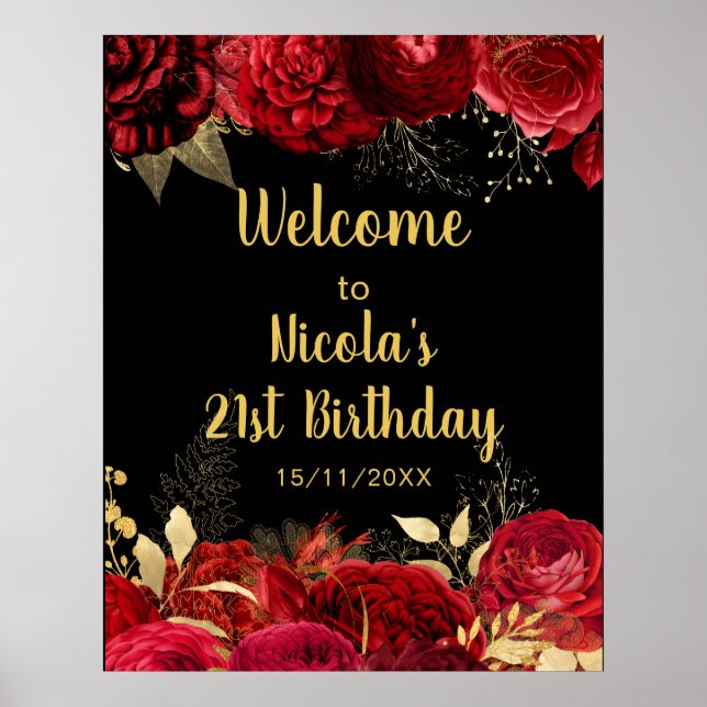 Poster Flores Vermelhas e Douradas Elegantes Bem-Vindo à  (Frente)