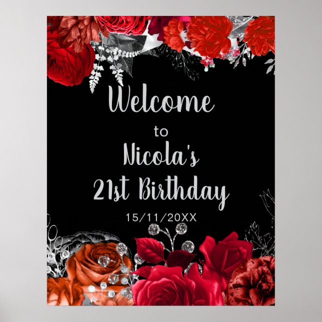 Poster Flores Vermelhas e Prateadas Elegantes para Festa  (Frente)