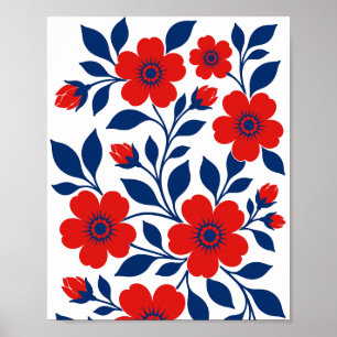 Poster Flores Vermelhas Ousadas e Folhas Azuis Marinho
