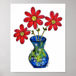 Poster Flores Vermelhas Whimsical em Vaso Azul