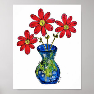 Poster Flores Vermelhas Whimsical em Vaso Azul