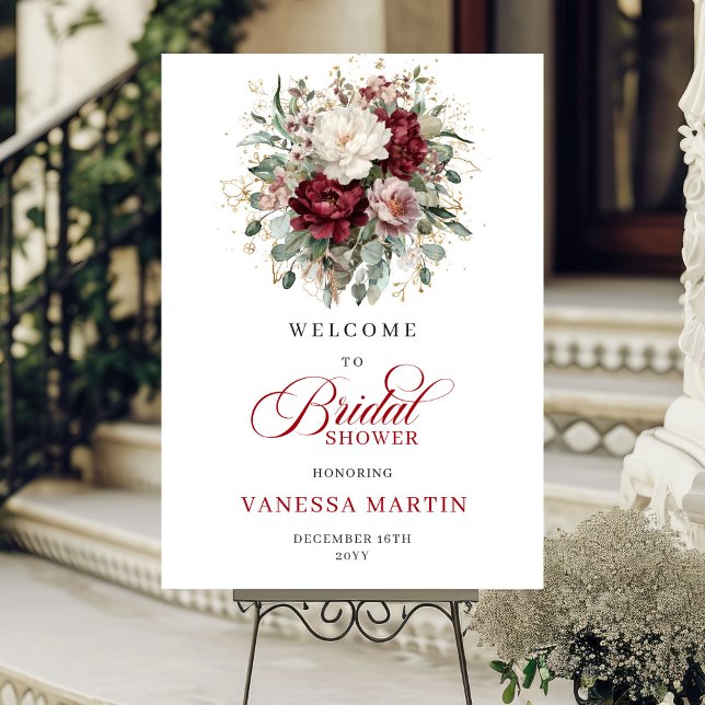 Poster Flores Vermelho Escuro Borgonha Chuveiro de Noiva  (Deep Red Burgundy Flowers Bridal Shower Welcome)