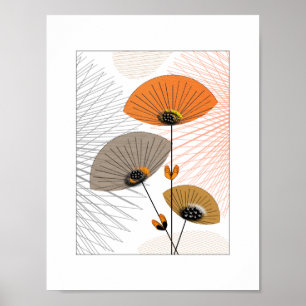 Póster Flores Whimsical bonito Imagem Preta Laranja