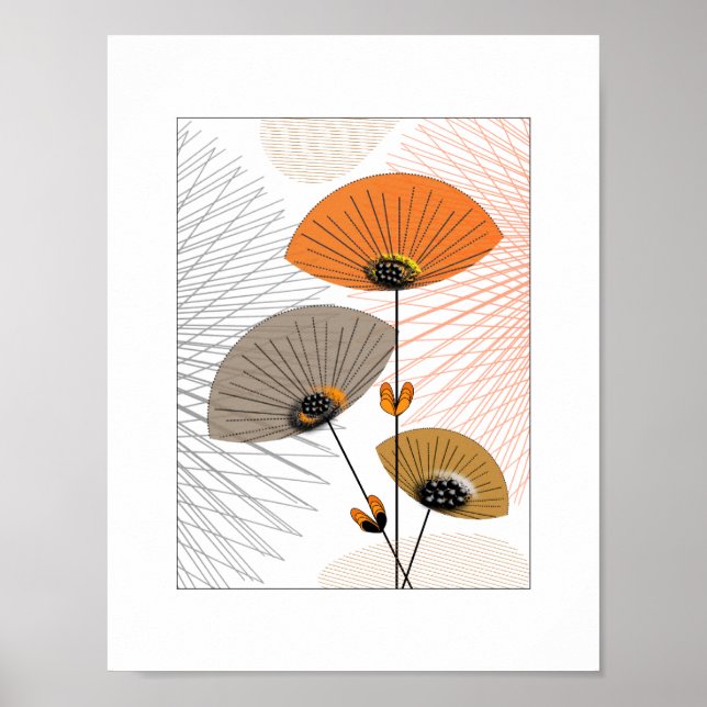 Póster Flores Whimsical bonito Imagem Preta Laranja (Frente)