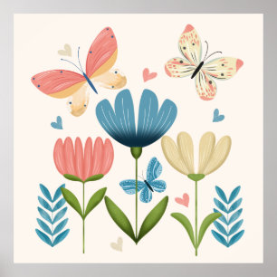 Poster Flores Whimsical e Borboletas