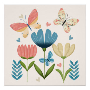 Póster Flores Whimsical e Borboletas