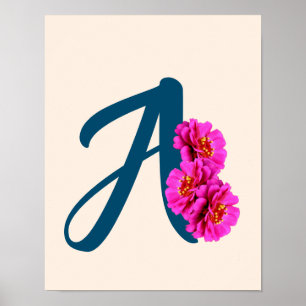 Poster Flores Zinnia Monograma Inicial A 