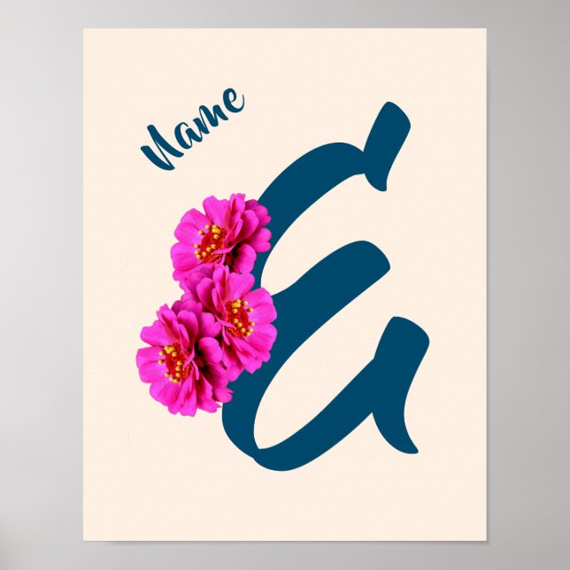 Poster Flores Zinnia Monograma Inicial E Personalizado (Frente)