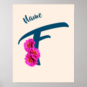 Poster Flores Zinnia Monograma Inicial F Personalizado
