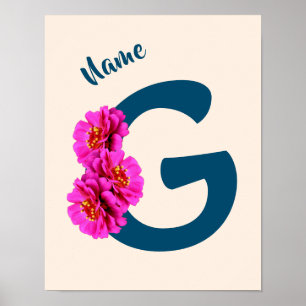 Poster Flores Zinnia Monograma Inicial G Personalizado