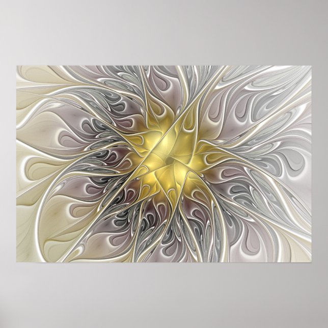 Poster Florescer Com Flor Fractal Abstrata Moderna Dourad (Frente)