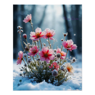 Póster Florescimento de Inverno – Cosmos Rosa na Neve