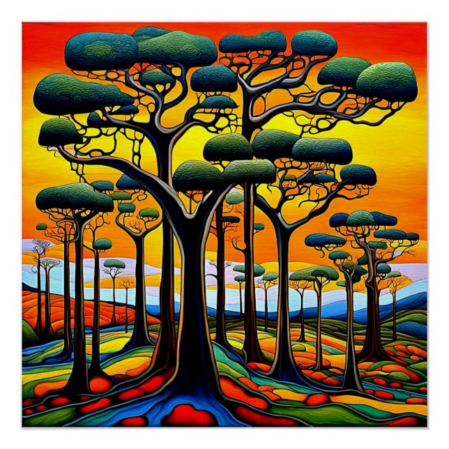 Póster Floresta ao pôr do sol (Frente)