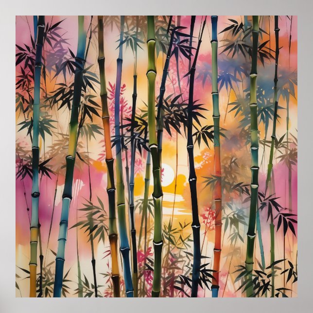 Poster Floresta Bambu densa ao pôr do sol (Frente)