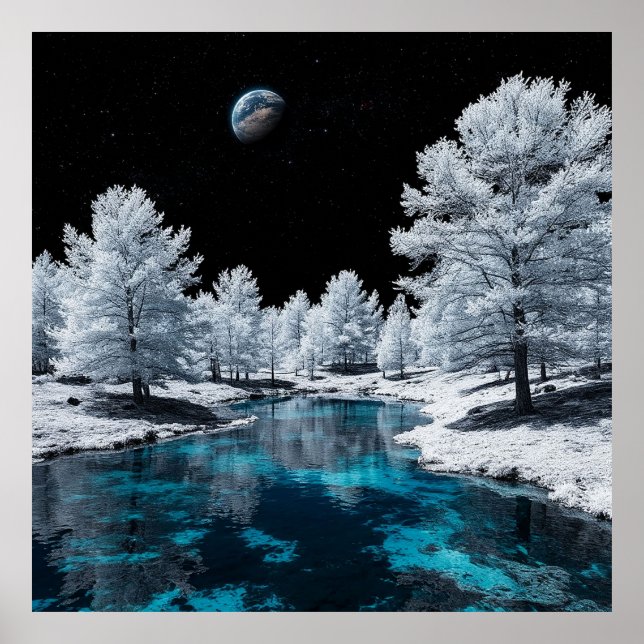 Poster Floresta Coberta de Neve e Lago Tranquilo Sob o Cé (Frente)