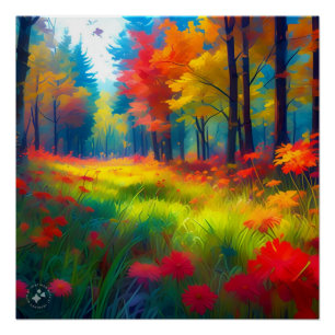 Póster Floresta com Árvores e Flores Coloridas-47560