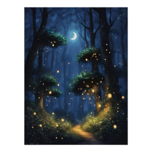 Póster Floresta com Luzes de Firefly e Lua Crescente