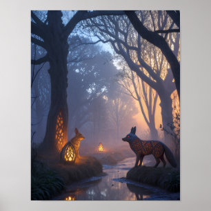 Poster Floresta Crepuscular Radiante com Animais de Madei