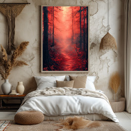 Poster Floresta Crimson Encantada em Vermelho Monocromáti