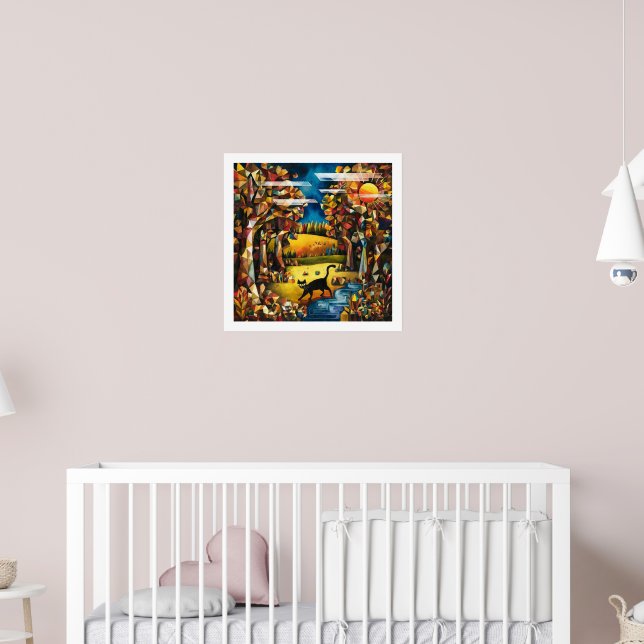 Poster Floresta Cubista de Outono com Rio e Prados (Berçário 2)