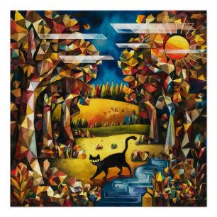 Póster Floresta Cubista de Outono com Rio e Prados