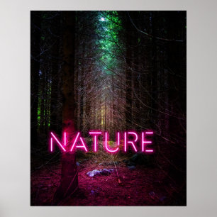 Poster Floresta de abetos misteriosa natureza neon magent