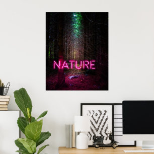 Poster Floresta de abetos misteriosa natureza neon magent