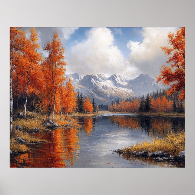 Poster Floresta de Álamo Outonal e Paisagem de Montanhas (Frente)