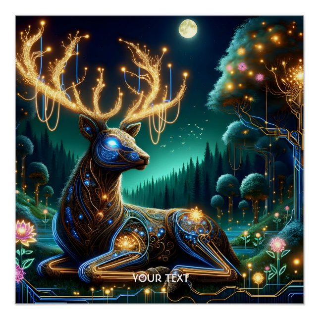 Póster Floresta de Cervo Cibernético Fofo de Fantasia (Frente)