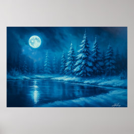 Poster Floresta de Inverno ao Luar junto a um Lago