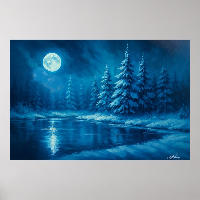 Poster Floresta de Inverno ao Luar junto a um Lago (Frente)