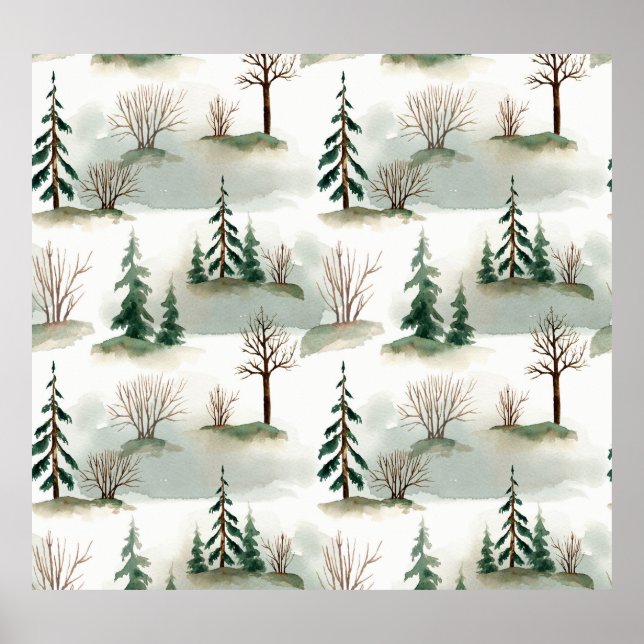 Poster Floresta de inverno: desfoque verde desenhado à mã (Frente)