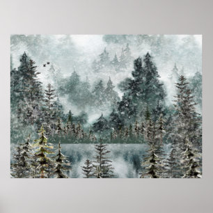 Poster Floresta de Montanha Foggy Lago Congelado