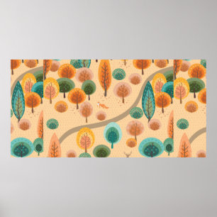 Poster Floresta de outono com árvores de mão plana abst
