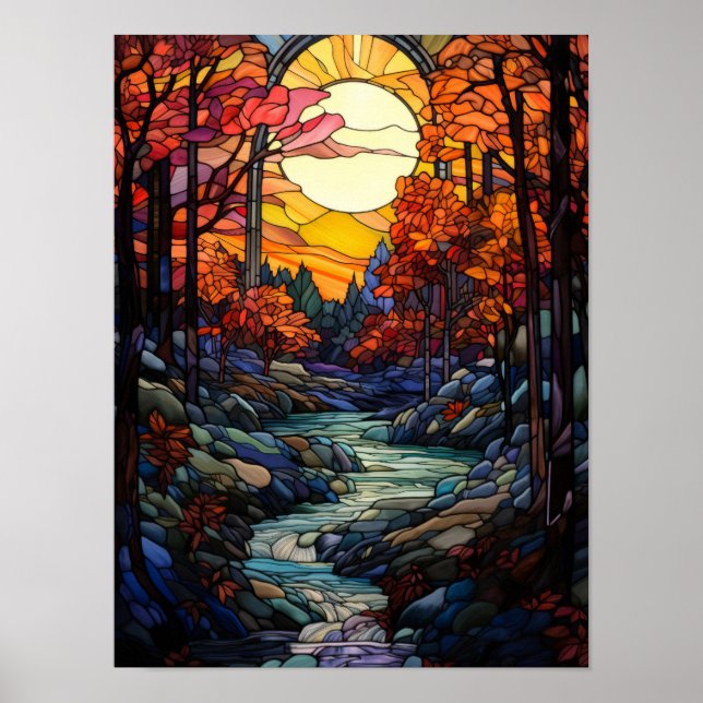 Poster Floresta de Outono com Vidro Pintado e Córrego da  (Frente)