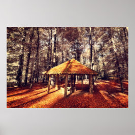 Póster Floresta de outono e chalé