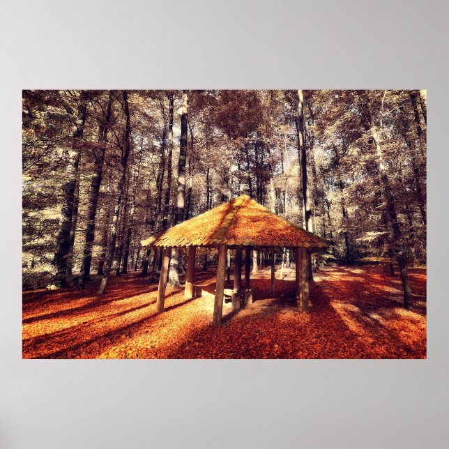 Póster Floresta de outono e chalé (Frente)